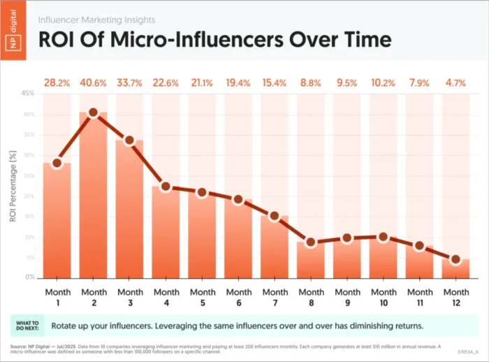 Chart titled ‘ROI of Micro-Influencers Over Time’ showing ROI peaking around month 2 and then steadily declining over 12 months.