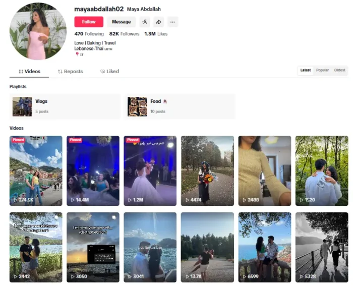 Maya Abdallah’s TikTok profile showing 82K followers, 1.3M likes, and a grid of recent videos.