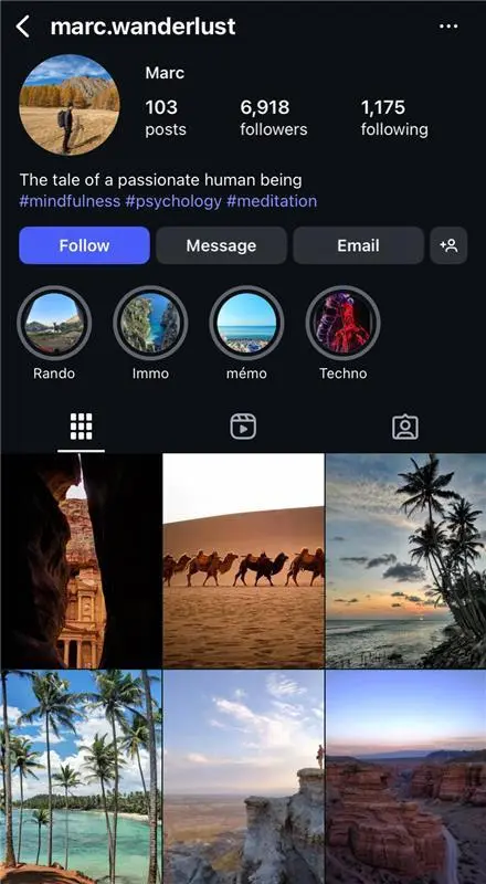 Marc Wanderlust’s Instagram profile showing 6,918 followers and a grid of travel photos.