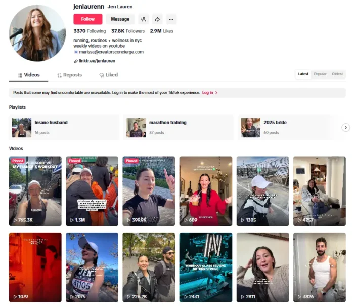 Jen Lauren’s TikTok profile showing 37.8K followers, 2.9M likes, and a grid of wellness and running videos.