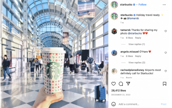 starbucks instagram post of a holiday cup in an airport