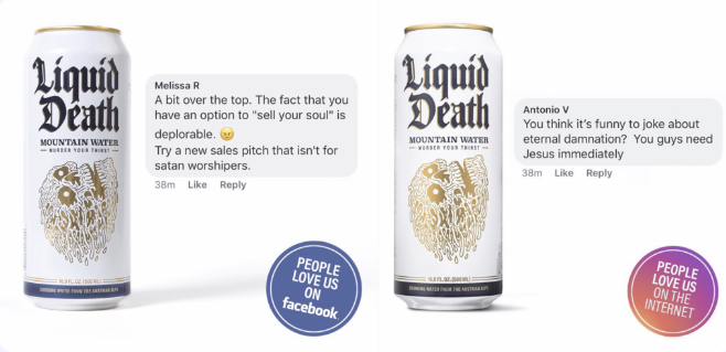 Liquid Death cans next to social media comments 