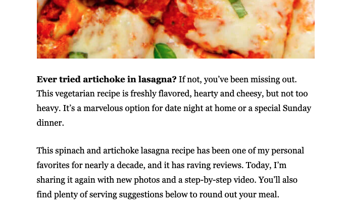 sample text from a Cookie and Kate blog post about lasagna