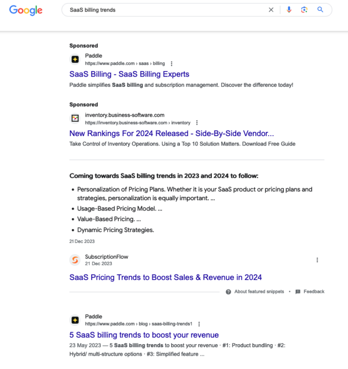 search engine results page showing Paddle's paid ads