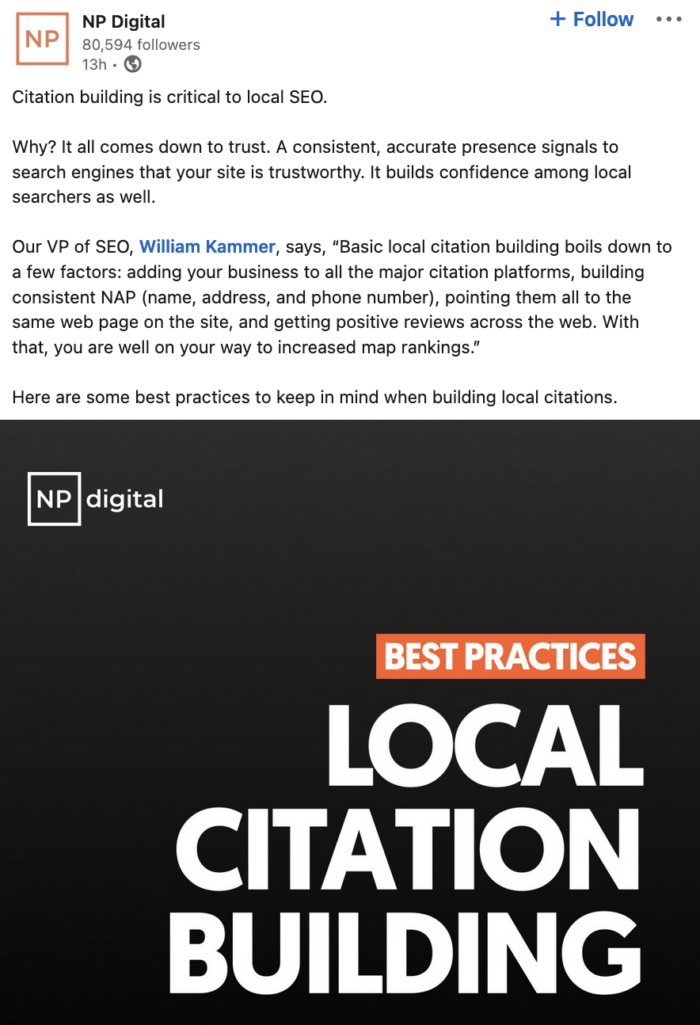 Example LinkedIn post from NP Digital