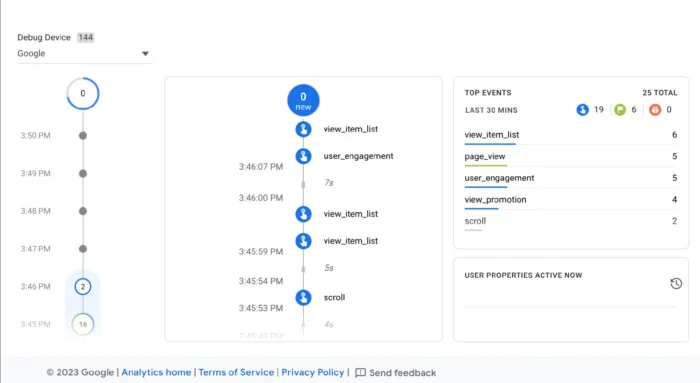 The DebugView interface showing real-time events firing connected the near sheet (the arena stream).