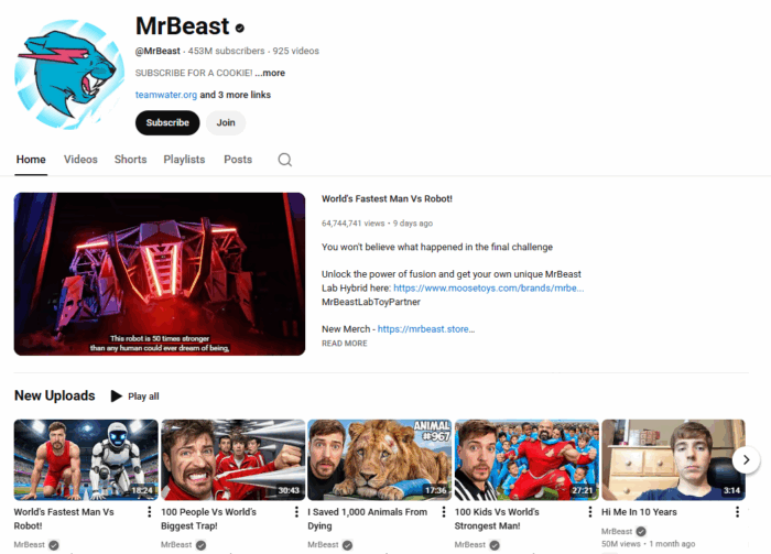 Screenshot of MrBeast’s YouTube channel showing 453 million subscribers, a banner video titled ‘World’s Fastest Man vs Robot,’ and a row of recent uploads.