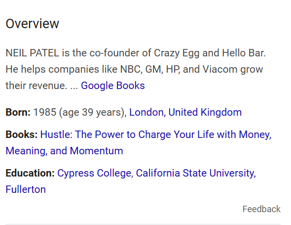 A knowledge panel for Neil Patel.