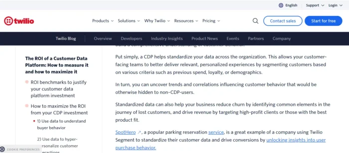 A Twilio blog article showcasing an example of a backlink to their customer, SpotHero.