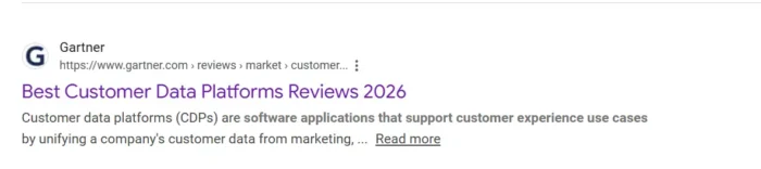 Google search results for “customer data management platform,” showing how Gartner’s use of that keyword in their title and meta description helped land them Position 1 in the SERPs.