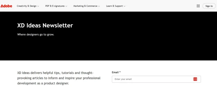 Screenshot of the landing page for XD Ideas, the newsletter that has become the central hub of Adobe XD’s community of creatives.