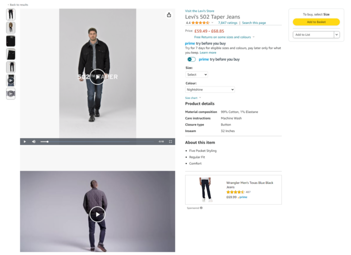 Product video for Levi's jeans on the Amazon website 