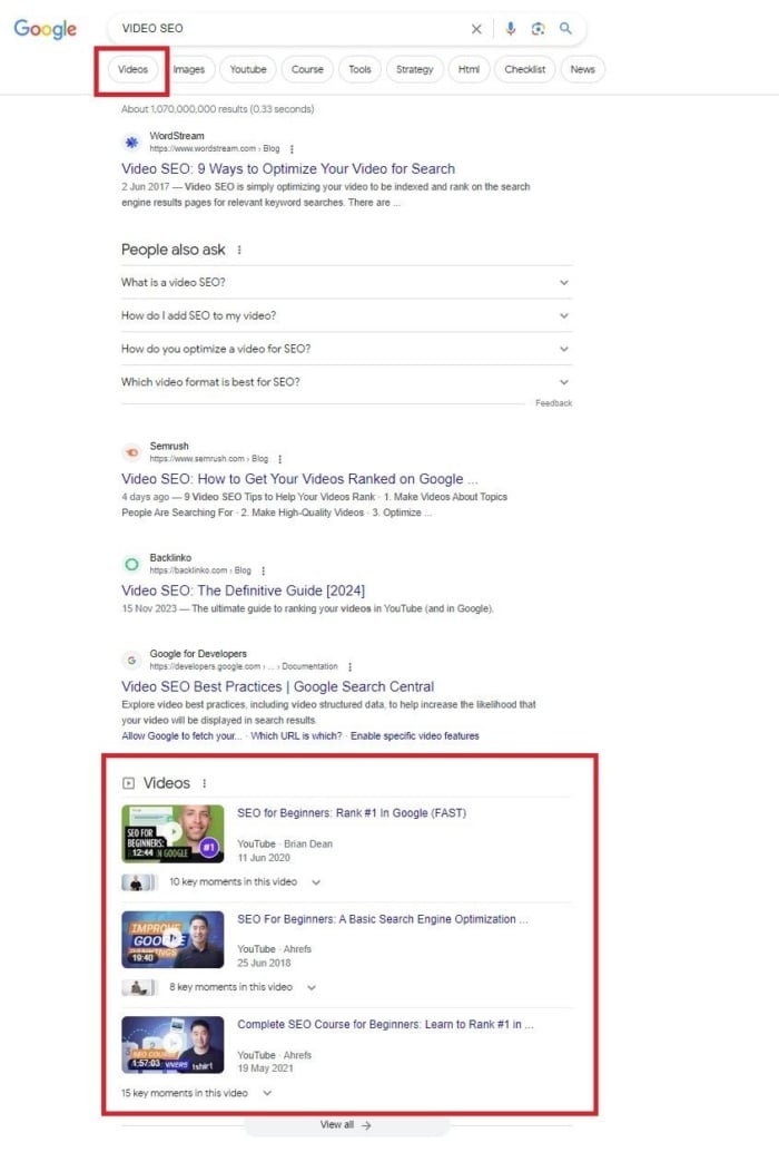 Google search result for the keyword "video SEO" 
