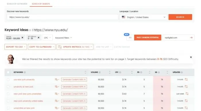 Ubersuggest's list of keyword ideas.