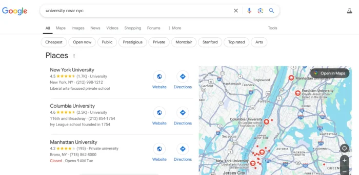 Google search result page for "university near nyc"