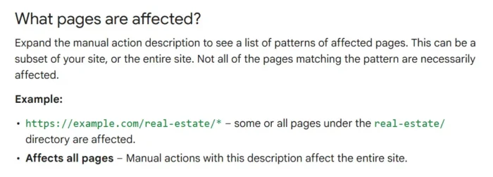 A screenshot of Google documentation explaining which pages of a website are being referenced by a Manual Action Report