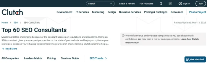 Screenshot of Clutch’s user reviews for the top 60 SEO consultants