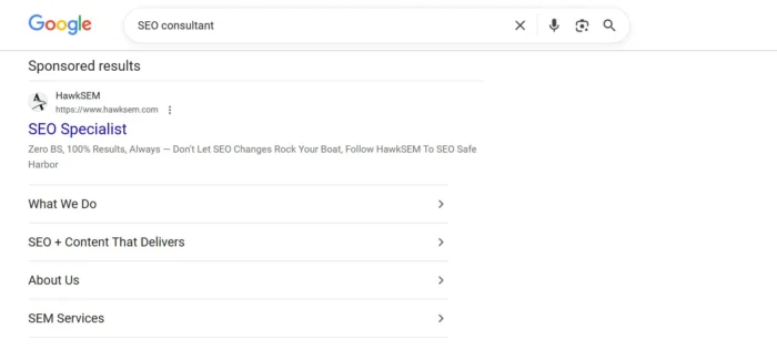 Sponsored Google search results for “SEO consultant”
