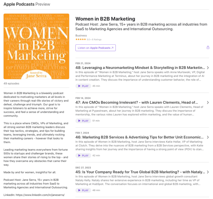 The Women In B2B Marketing Apple Podcasts preview.