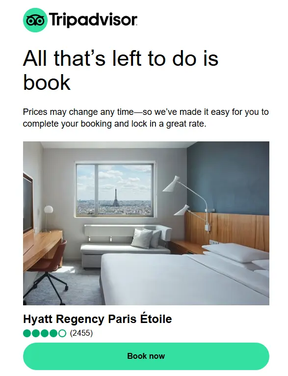 TripAdvisor reenagement/abandoned cart email example hotel marketing