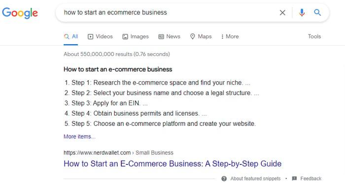 A featured snippet example in Google.
