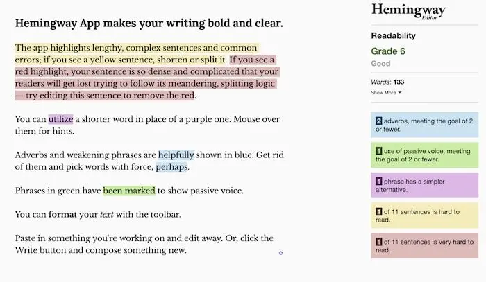 Hemingway results suggesting how to make sentences simpler.