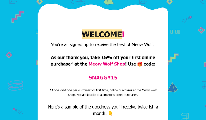 A welcome email from Meow Wolf.