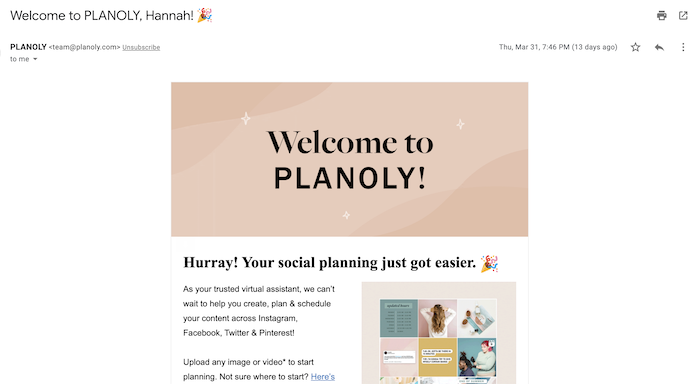 A welcome email from Planoly.