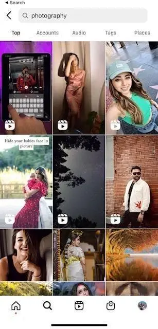 A search for "Photography" on Instagram.