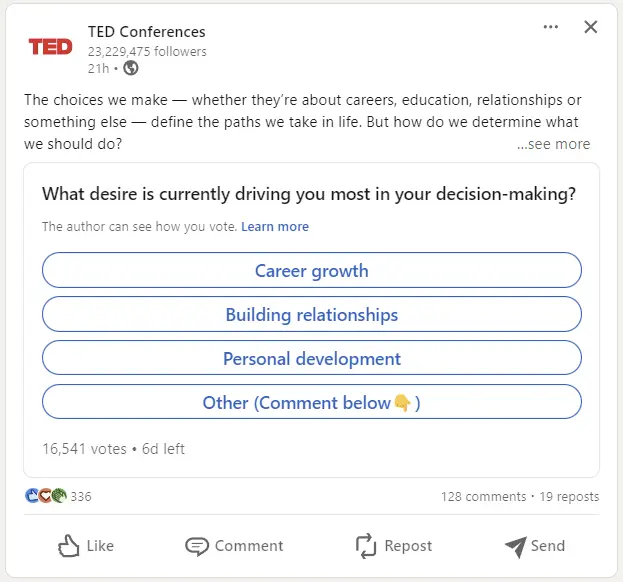 A poll on Linkedin from Ted Conferences.