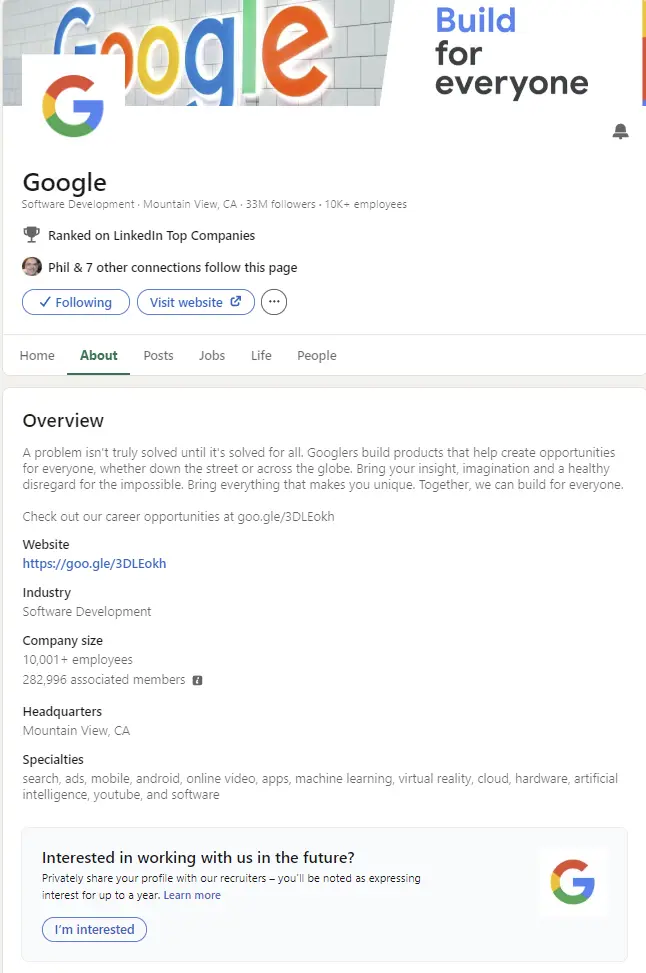 A Linkedin Profile for Google.