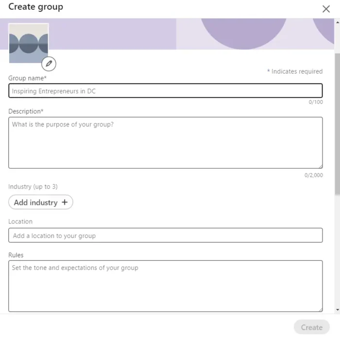 The field options for creating a group.