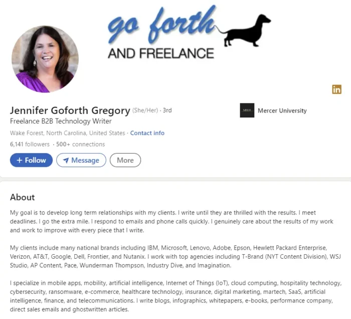 The Linkedin profile of Jennifer Goforth Gregory.