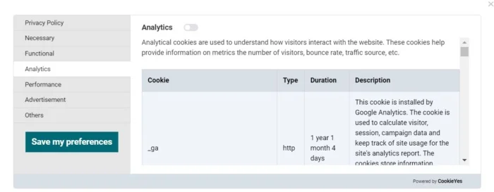 A page analyzing cookie consent.