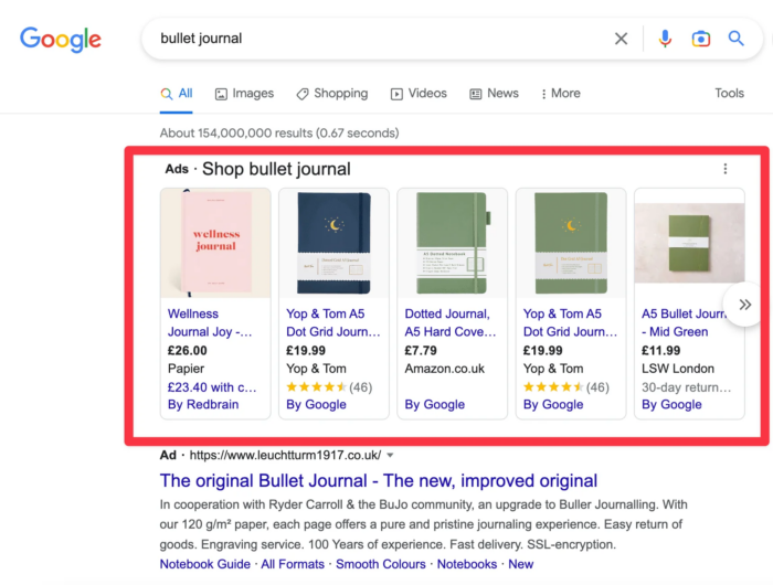 Ads for a Google Shopping result for Bullet Journal.