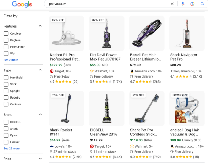 A Google shopping result for pet vacuums.