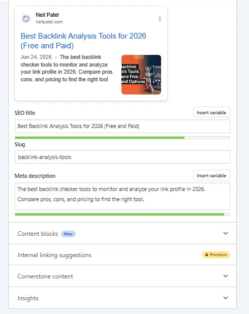 A screenshot of the Yoast SEO WordPress plugin showing the SEO title, URL Slug, and Meta description. 