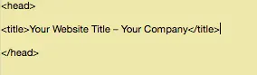 A screenshot showing HTML source code for a page’s header with an SEO title tag implemented. The title says “<title>Your Website title – Your Company</title>.”