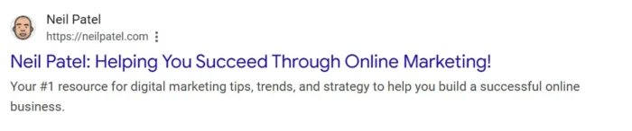 Google entry for neilpatel.com demonstrating how you can use your SEO title tag to provide more information about your brand.