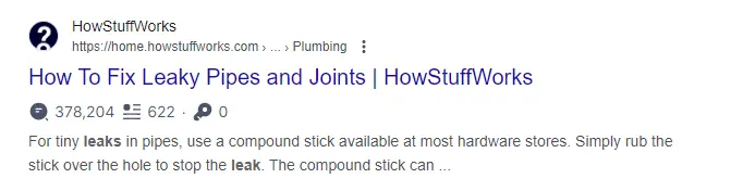 Google entry for “How to Fix Leaky Pipes and Joints” from HowStuffWorks. The entry is an example of using your brand name at the end of a title tag to make it more clickable. 