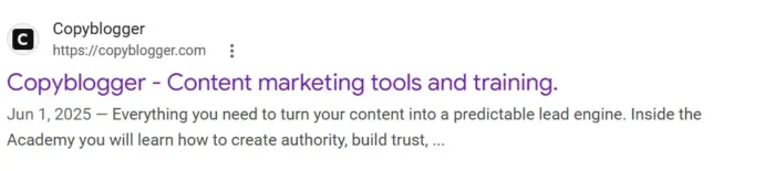 Google’s entry for Copyblogger’s homepage showing that the title tag is “Content marketing tools and training.”