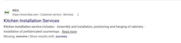 Google results for “kitchen installation services,” demonstrating IKEA’s title tag. 