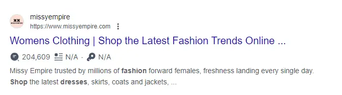 A Google search result for Missy Empire’s Women’s Clothing page that shows the SEO title tag being cut off by the ellipsis. 
