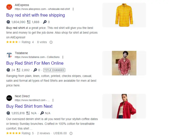 Google search results for the focus keyword “buy red shirt.”