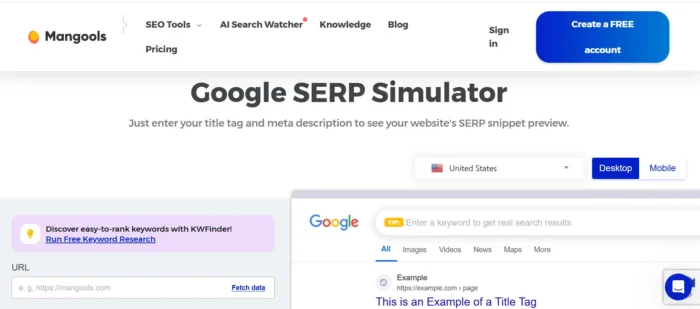 Mangools SERP simulator homepage.