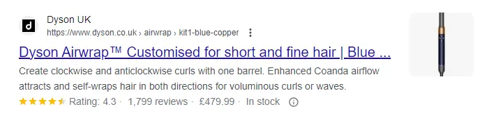  A Google result for the Dyson Airwrap sets itself apart by saying the product is customized for short and fine hair, while competitor entries don’t. 