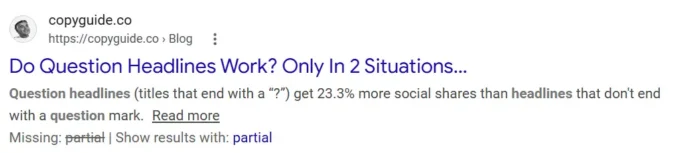 A Google result for a copyguide.co article shows how partially answering a question is an SEO title tag best practice that can hook the reader. 