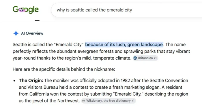 Google AI Overview results for “why is Seattle called the Emerald City?”