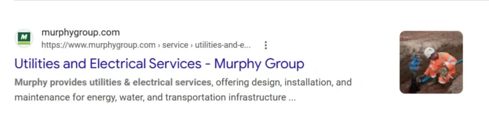 Google search result showing “Utilities and Electrical Services – Murphy Group” as the title tag.