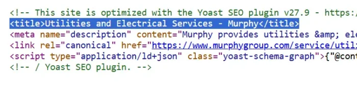The source code for the Murphy Group homepage confirms that the page title is “Utilities and Electrical Services – Murphy.”